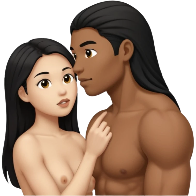 Nude light-skinned female giving fellatio to darker-skinned asian male emoji