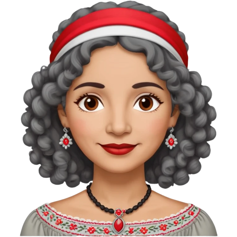 Latina woman, about 55 years old, slightly darker warm brown skin, round soft face, curly black and gray hair, red and white headband, medium eyes, thin eyebrows, gentle smile, gray peasant blouse with embroidery, bare shoulders, large dark necklace emoji