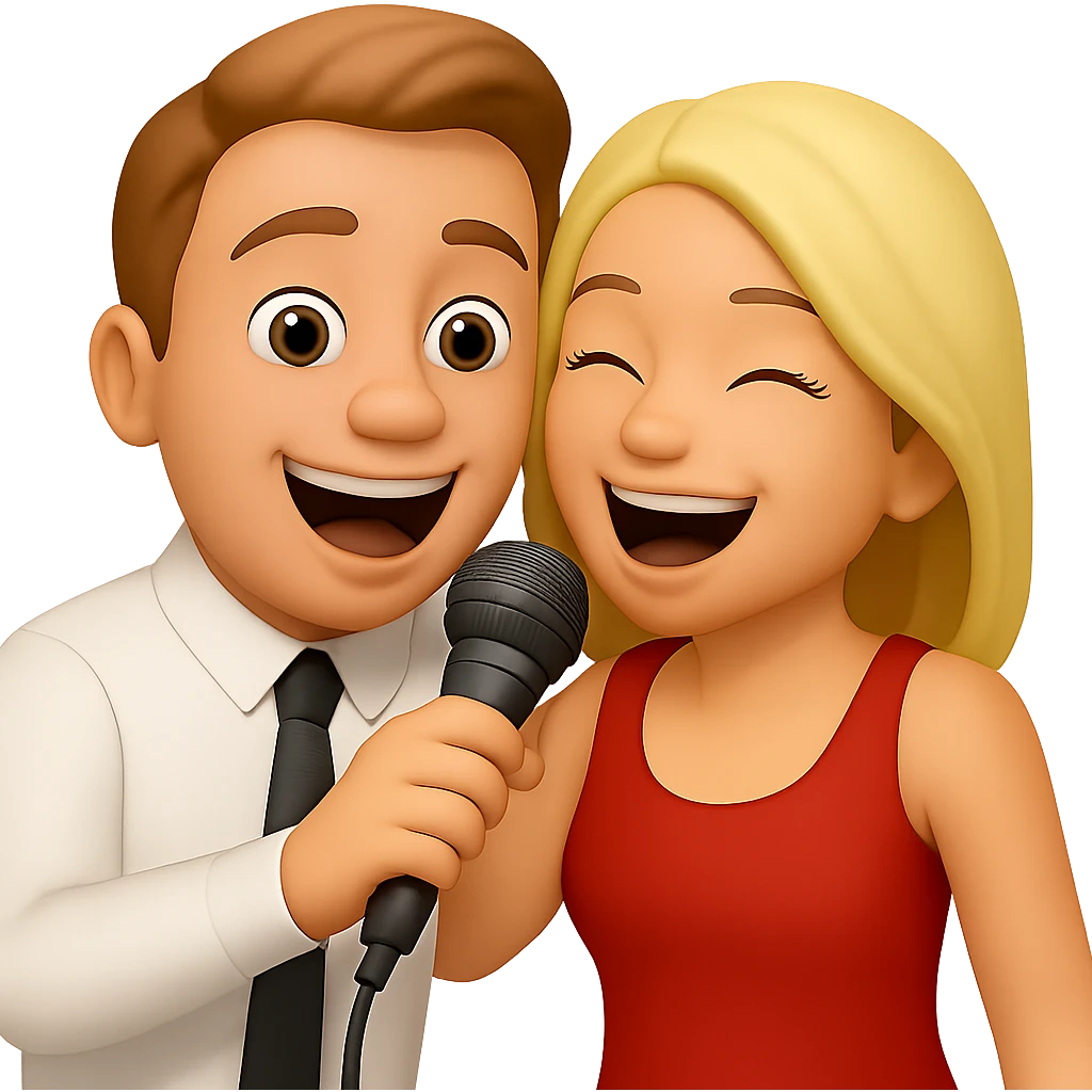 Remove the background to make it transparent. Keep the two emoji characters singing karaoke together, holding a microphone, with joyful expressions intact. emoji