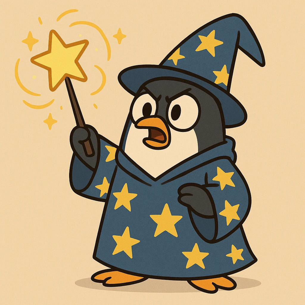 a cute penguin wizard with a starry robe and a wand, casting a spell, cartoon style emoji
