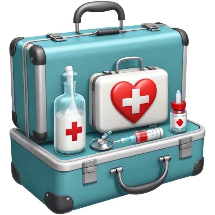 An icon featuring a medical suitcase with a red cross, a bottle of pills, a stethoscope, and a syringe, symbolizing medicine. The design includes a thermometer, bandages, and a heart monitor, representing healthcare and medical treatment. Transparent background highlights the science of healing. emoji
