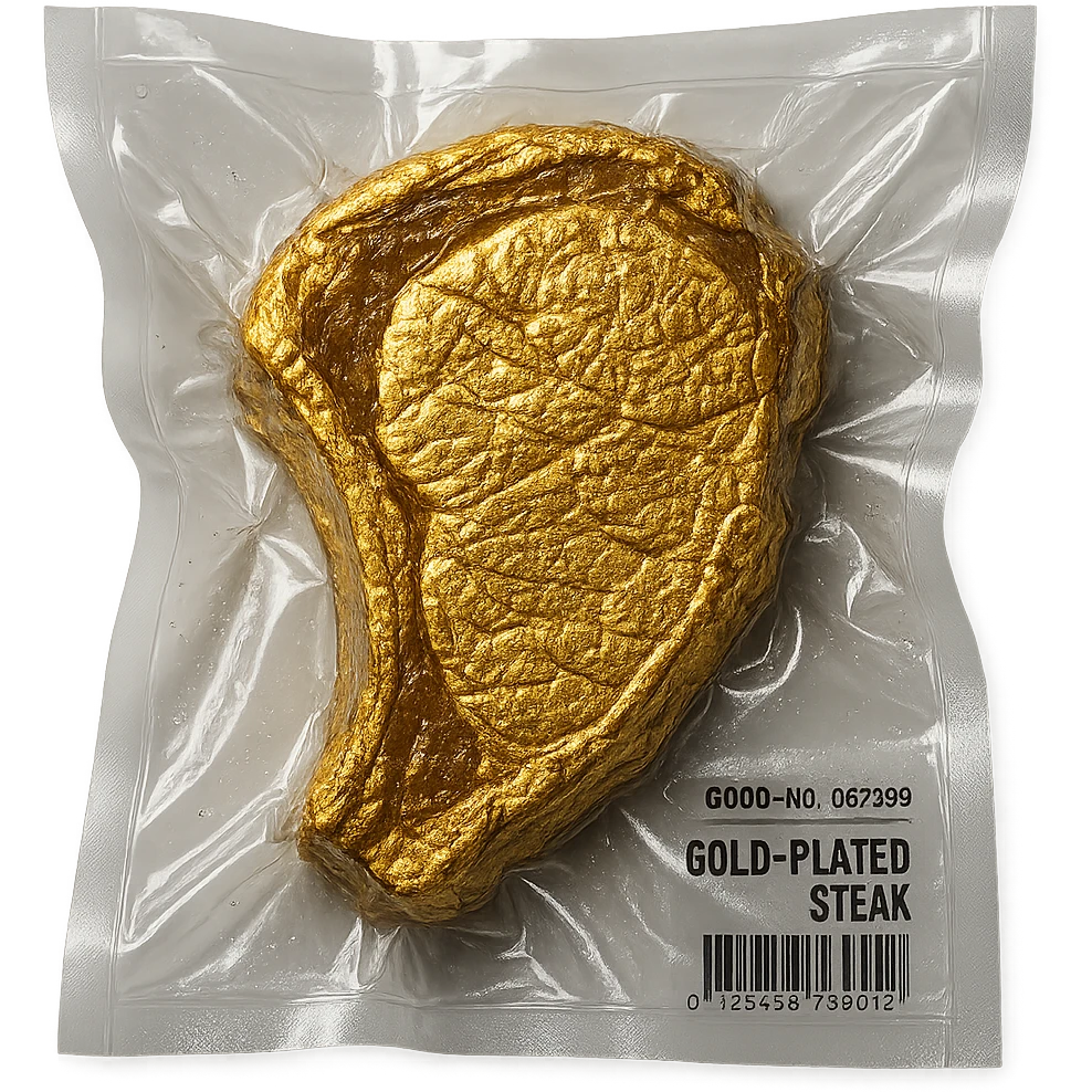 steak covered in edible gold, shiny and inflated, vacuum-sealed style emoji