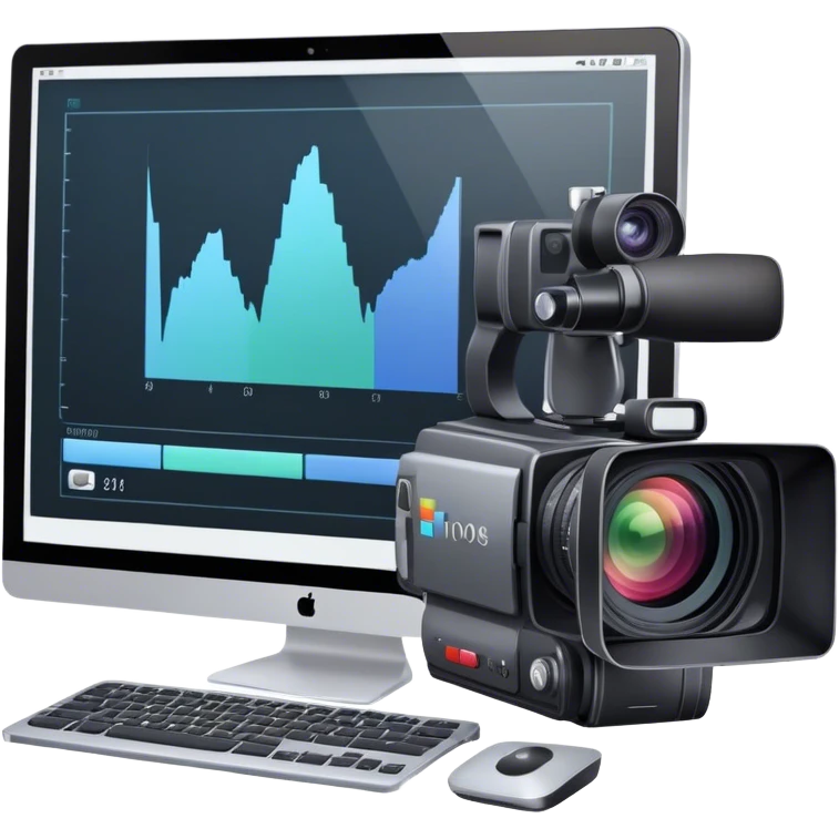 Create an emoji for video editing. Show a computer screen with a video timeline, clips, and editing tools (e.g., scissors). Add a video camera. Use modern, professional colors. Do not include any emojis or smiley faces. Make the background transparent emoji