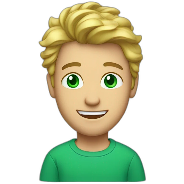 a man, green eyes, blue sweatshirt, green rubies on his head, waves hello emoji