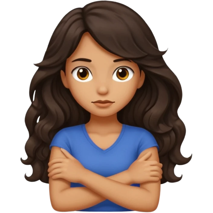 Slightly tan girl dark long wavy hair crossing her arms with slight pout emoji