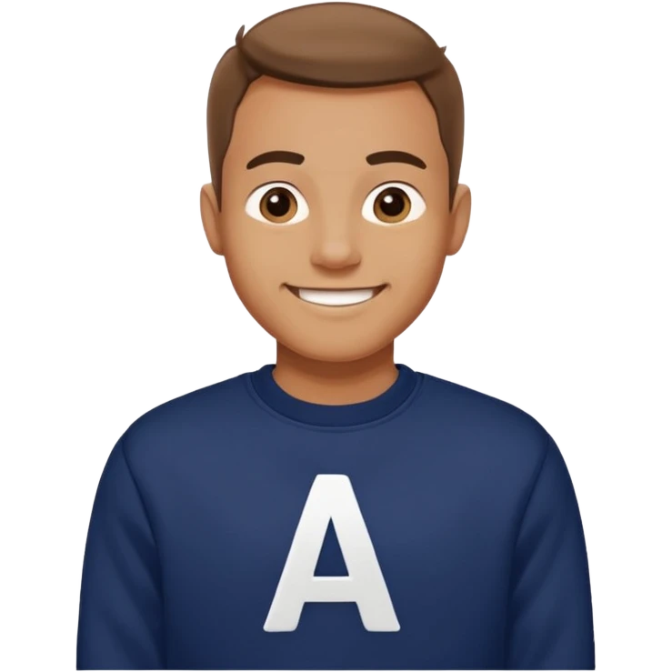 man wearing a navy sweatshirt with a giant white letter A on the upper right of the chest emoji