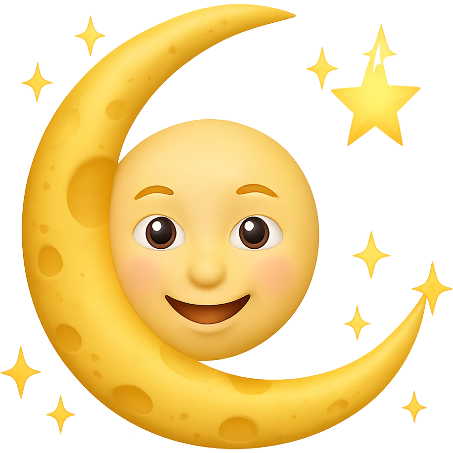 Add small stars around the smiling moon. Keep the background transparent. Maintain the original style and look of the smiling moon. emoji