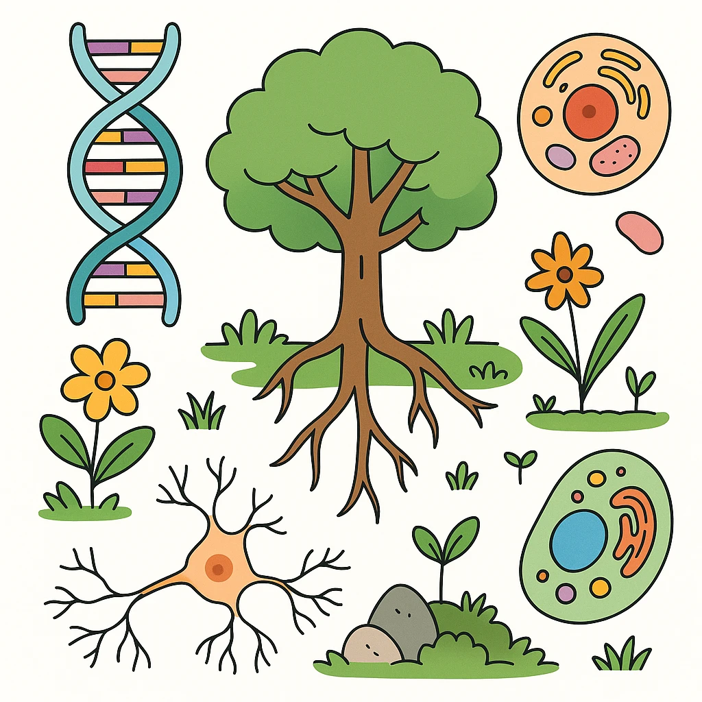 A realistic biological illustration (like in a school book) showing: DNA strands transitioning into a tree, cells with visible organelles, neurons connected to plant roots  and a balanced ecosystem background . Seamless integration, no labels or borders, complete white background (not off white!), detailed but minimalist.  emoji