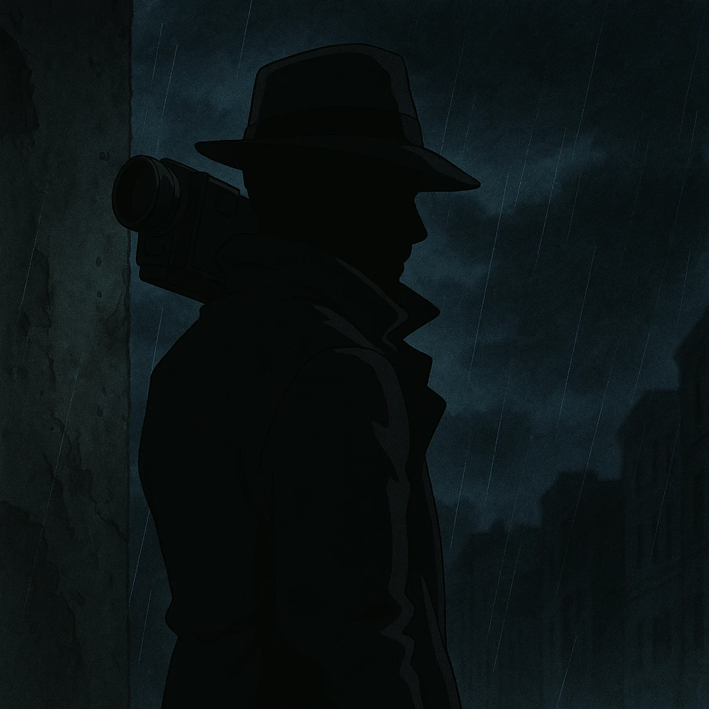 1930s private detective mysterious silhouette, camera on shoulder, dark atmosphere, ghibli style emoji