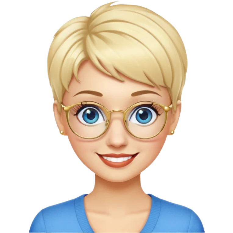blonde teacher with pixie haircut, gold glasses, blue eyes, big eyelashes, nice smile emoji