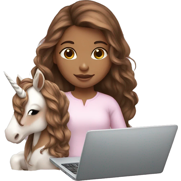Brown hair girl holding a unicorn and a laptop emoji