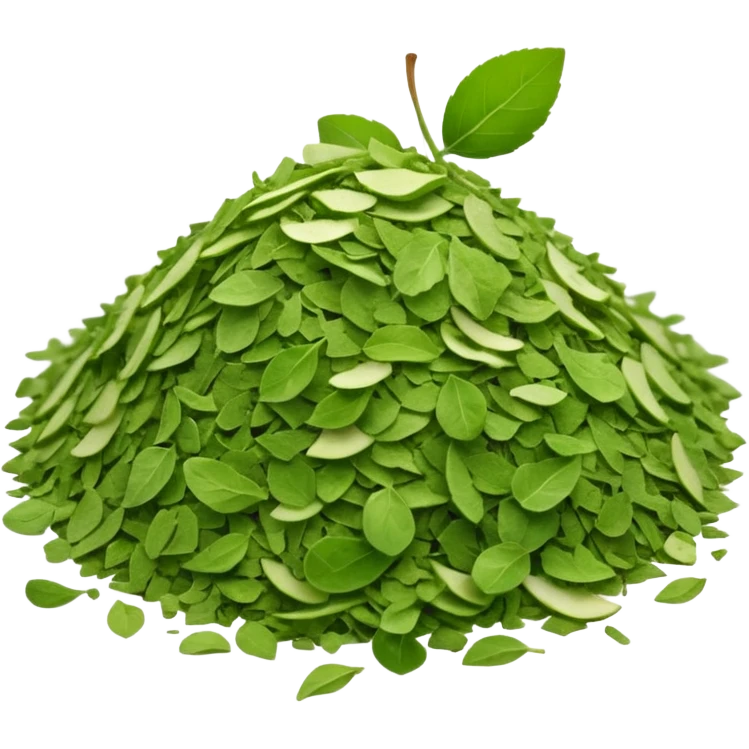 loose pile of finely crumbled green herb flakes with slightly dusty uneven texture and natural color variations from sage to dark green, irregular airy shape, light aromatic dried herb, apple emoji style, soft lighting, subtle shadows, emoji scale emoji