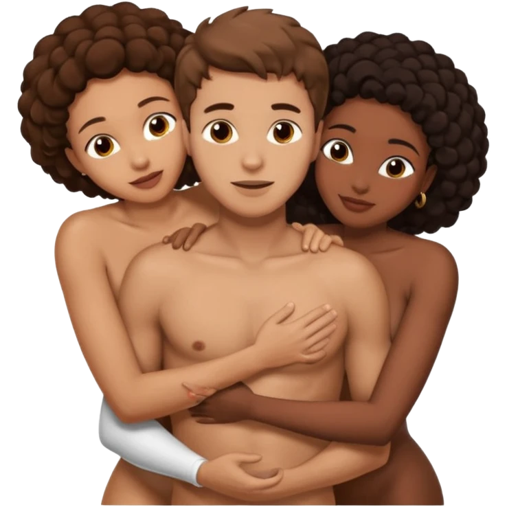 one american italian young brown-haired man surrounded by three black african women with large asses who are hugging him and each other and massaging his naked cock and balls emoji