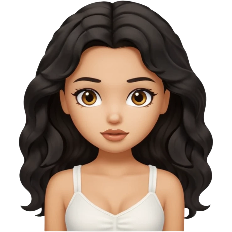 a pretty bratz tan girl with wavy black hair wearing a white cami top. Skintone is tan emoji