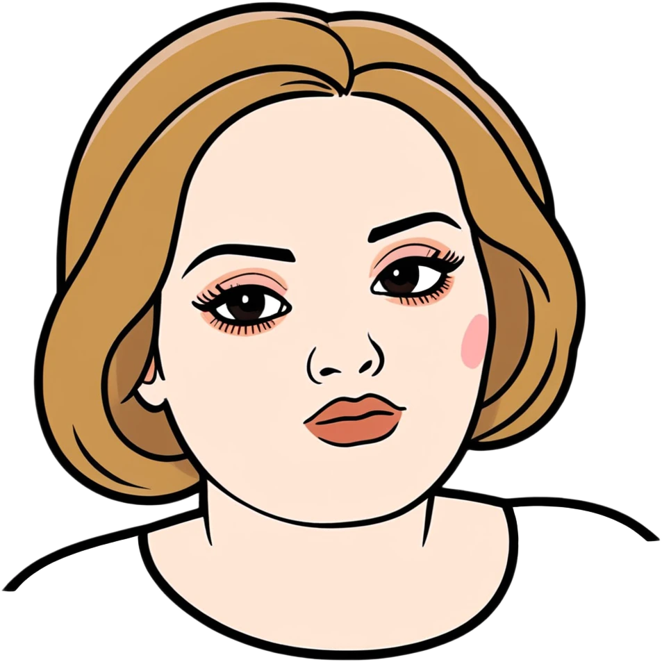 8k, 7000x7000px resolution, clean, smooth, thin lines, ultra detailed, hyperrealism, celebrity, best selling singer, Adele 2024. Glossy appearance, clean thin lines. Perfect makeup, full view emoji