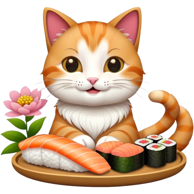 happy cat with flowers and sushi emoji