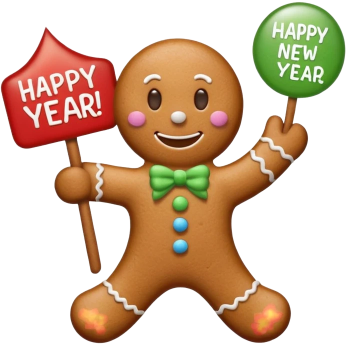 gingerbread man with a happy new year sign emoji