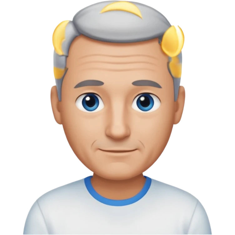 Middle aged man with tanned skin, little black to grey hair, receding hairline and no beard, blue eyes, shy smile emoji