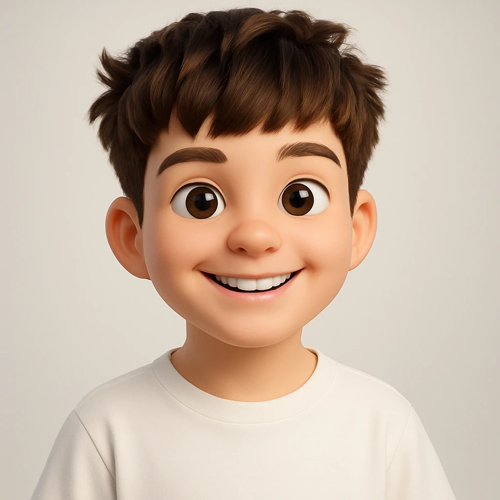 Transform this person into a highly detailed 3D emoji character with a smiling human face, smooth plastic-like textures, big expressive eyes, a slightly oversized head, and soft studio lighting. The style should resemble Apple Memoji and Pixar characters, with rounded shapes, vibrant colors, and a cute, friendly expression. Use a clean, softly blurred background. Ultra-realistic 3D render, sharp focus, 4K resolution. The style should evoke the look of Apple Memoji and Pixar 3D characters. emoji