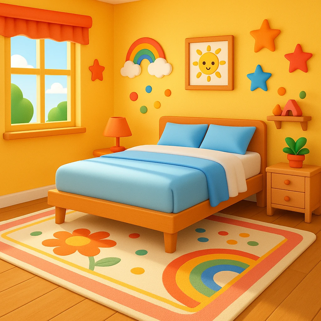 Add a colorful bedroom background with bright walls, playful decorations, and a cozy rug. Keep the room tidy and inviting in emoji style emoji
