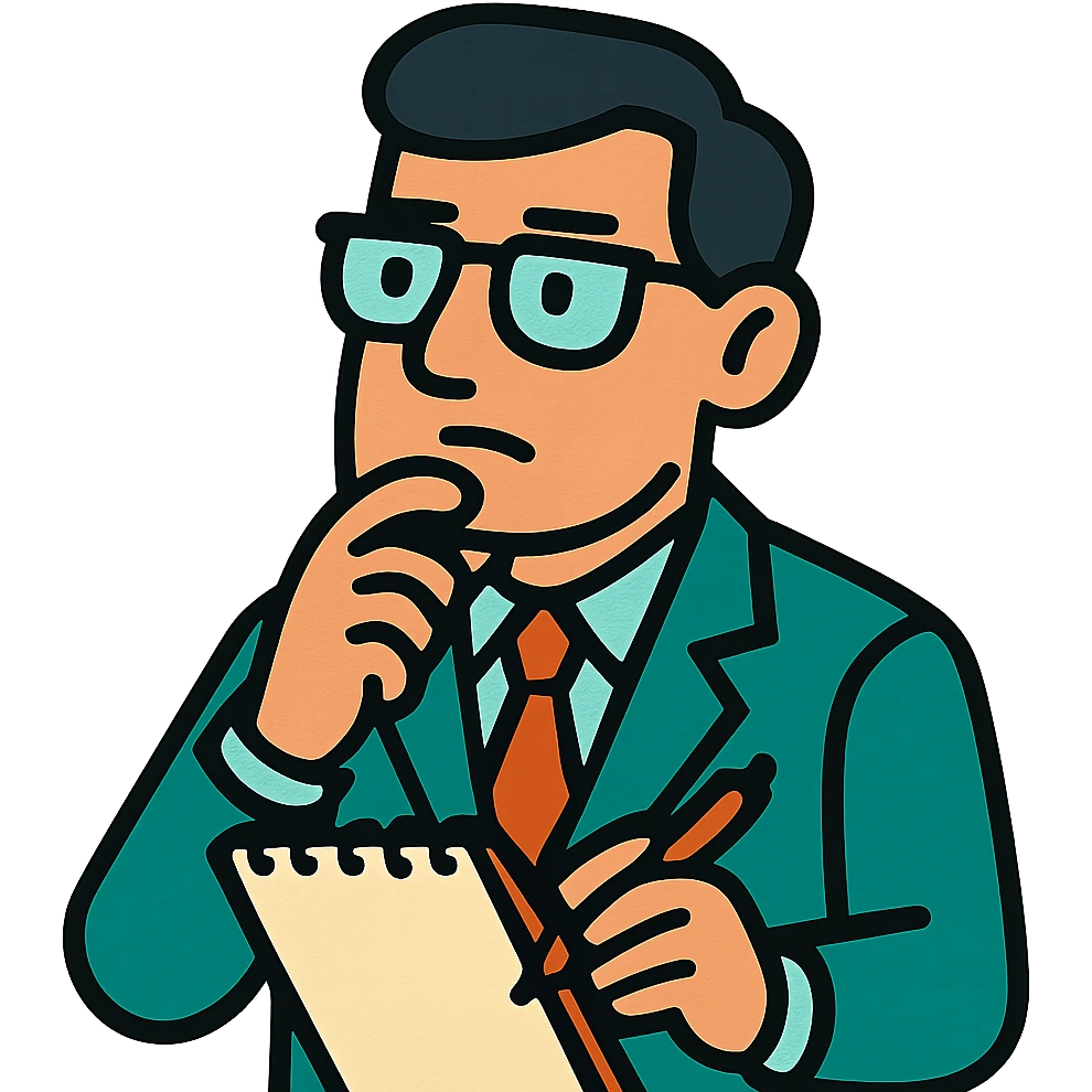 therapist cartoon character with glasses and notepad, looking thoughtful emoji