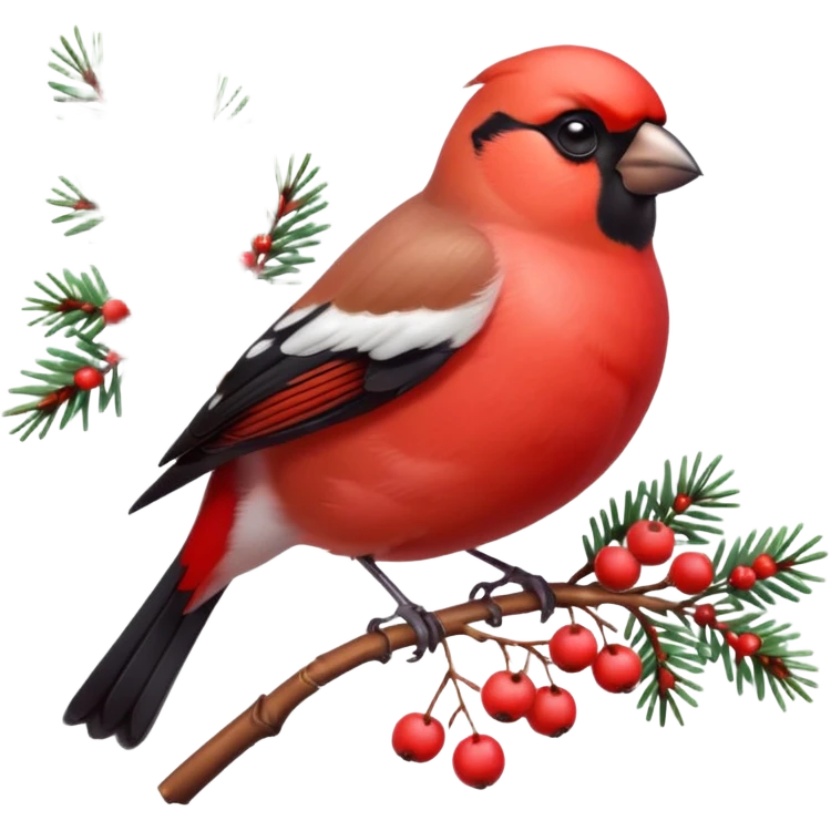 3D emoji of a bright red bullfinch bird (Snegir) sitting on a pine branch covered in fluffy white snow and red frozen rowan berries. Vibrant colors, soft feathers texture, glossy 3D icon style, Apple aesthetic, isolated on a solid white background, studio lighting. emoji