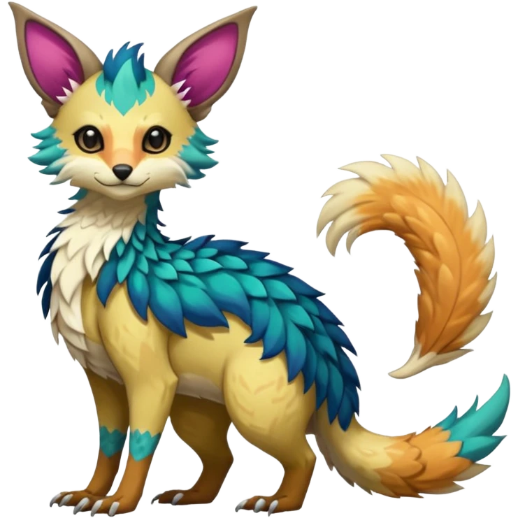 Feral Rare Fantasy colorful vibrant Vernid-Trico-species-Fakemon-creature by LiLaiRa, random markings, tufted tail, tufted ears, full body emoji