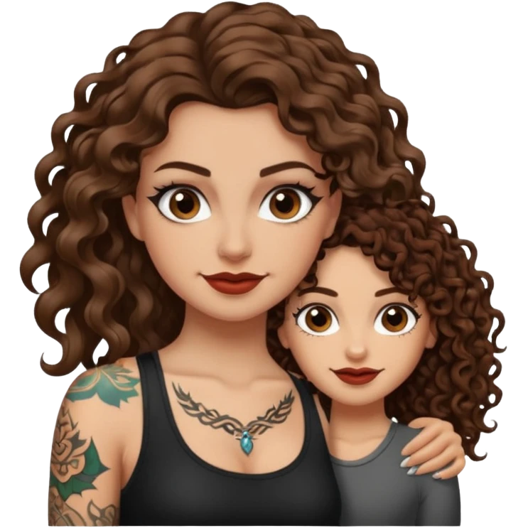 side eye duo — long wavy brown hair tattooed woman and short tight curly brown hair woman — rogue grin emoji