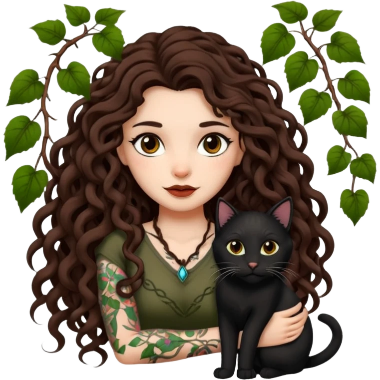 woman with long curly brown hair, brown eyes, white skin, tattoos, black cat tangled in living vines emoji