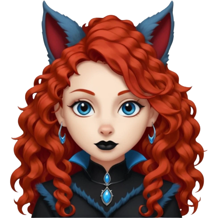  long curly red hair (darker), red pointed ears with black trim, black goth outfits, body and face human, blue eyes, more pointy chin, black lipstick, one big fluffy red squirrel tail with black tips, like the attached photo with more outfits and poses,  emoji