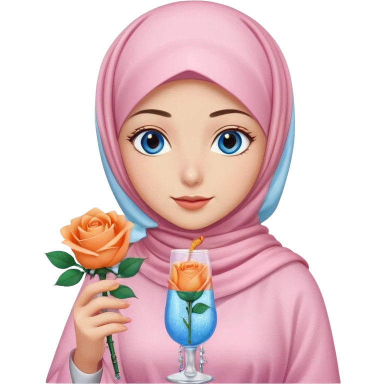 Turkish beautiful finish Konya girl blue eyes with light pink hijab islamic dress and had on her hand Glittery rose mocktail with orange light pink roses emoji
