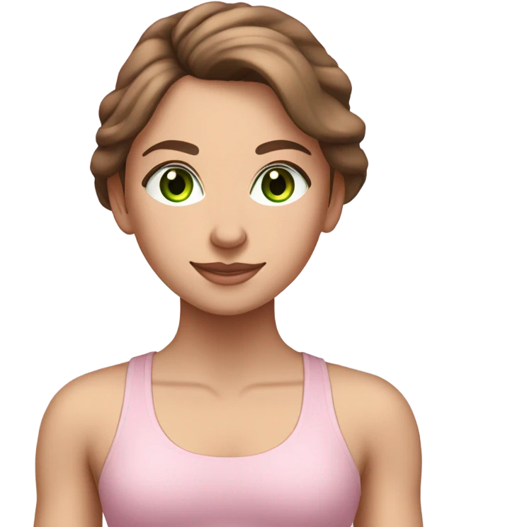 White girl with brown hair and green eyes in light pink workout set on yoga mat emoji