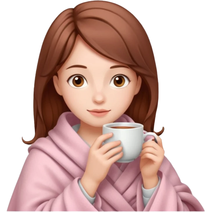 Милая девушка  и пьет чай укутавшись светло розовым пледом  emoji