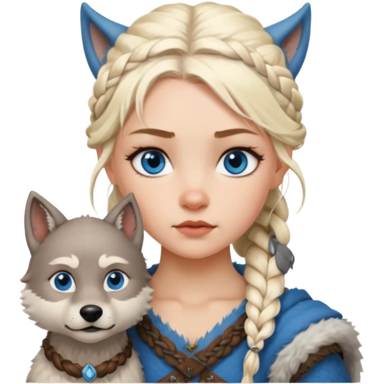 Viking platinum blonde girl with braid and blue eyes. Wolf pet emoji