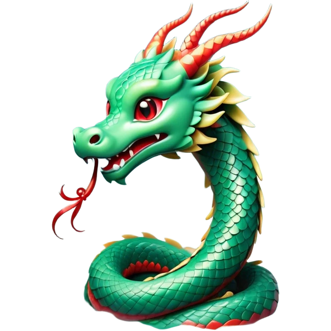 Cinematic Cute Chinese Serpent Dragon Portrait Emoji, Head tilted playfully and inquisitively, showcasing a slender, flowing body with vibrant jade scales and soft vermilion accents intertwined with whimsical wisps of cloud and water details; rendered with realistic finesse and warm natural light, high shine, charming and spirited, styled with a touch of mythic whimsy, soft glowing outline, capturing the essence of a mischievous yet endearing celestial dragon poised to weave magic into your dreams! emoji