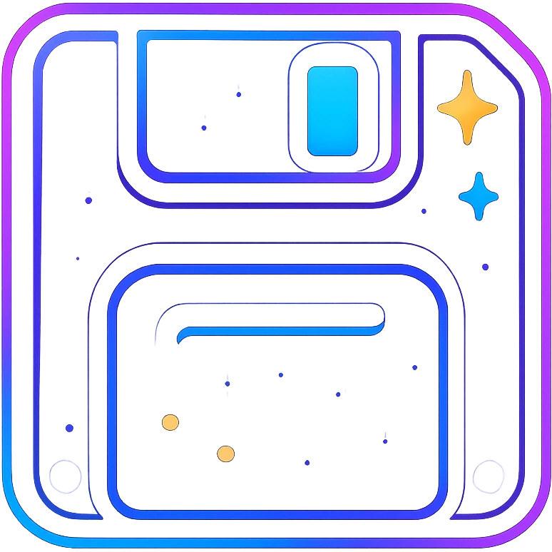 save icon with dark purple, blue, and black base, bright accents, complex gradients, stars, bright neon border, modern recognizable abstract save symbol, glow and lighting effects, sophisticated futuristic icon style emoji
