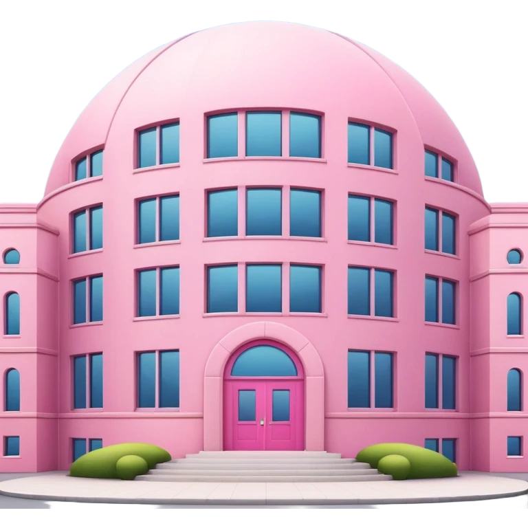 large pink building or bank with huge windows, round groundplan, emoji style, focus on entrance emoji