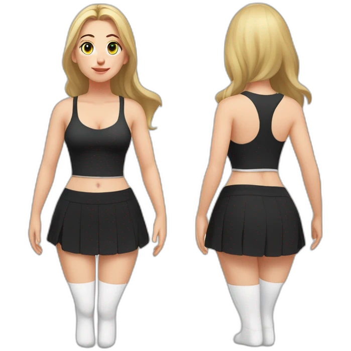 Front view full body curvy caucasian beauty squats straight hands up black skirt white knickers white socks emoji