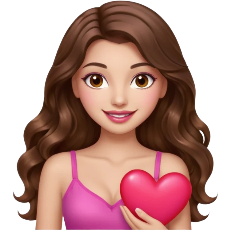 girl with long wavy brown hair, brown eyes, long lashes makeup, sexy pink lips, light to medium complexion, wearing a pink sexy top, smiling, holding a big heart emoji