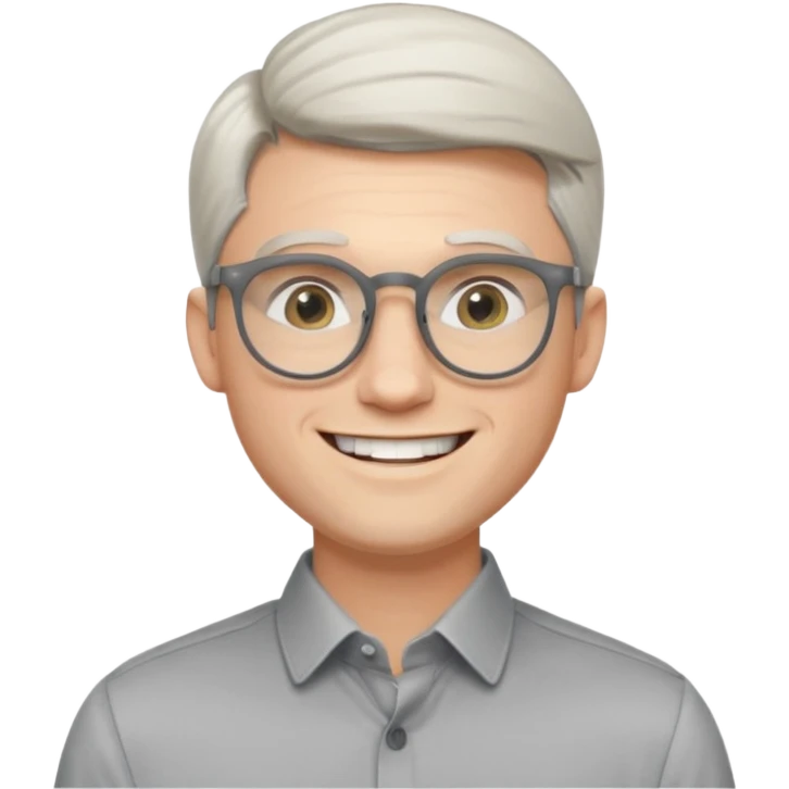 30 yr old pale white man, white/grey side swept stylish hair, round glasses, big smile, white teeth, handsome, longer hair, thin glasses, dress shirt emoji