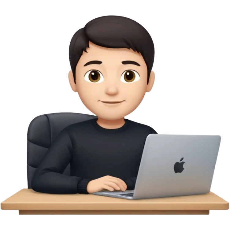 memoji of a man with a laptop in front, apple-style, modern, dark hair, black sweater, Indian fair skin, small cute smile, sitting at his desk, light blue gradient background emoji