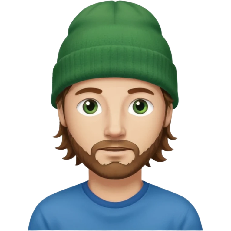 white man
aged 40
Blue eyes, 
mid length brown wavy hair
Green beanie hat emoji