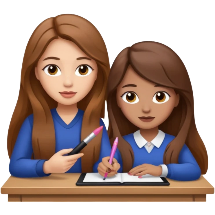 TWO BROWN HAIRED GIRLS DOING PROJECT IN  COMPANY, PROFESSIONAL AND CUTE , LONG HAIR MAKEUP emoji