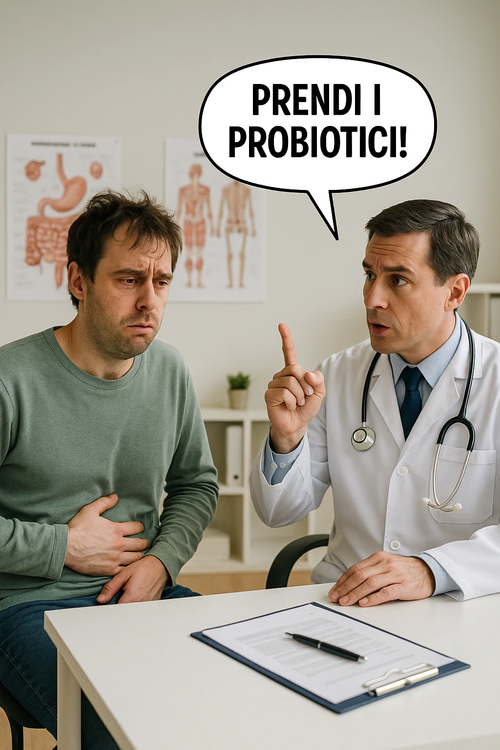 Uomo che ha disbiosi evidente e il dottore gli dice "Prendi i Probiotici!" emoji