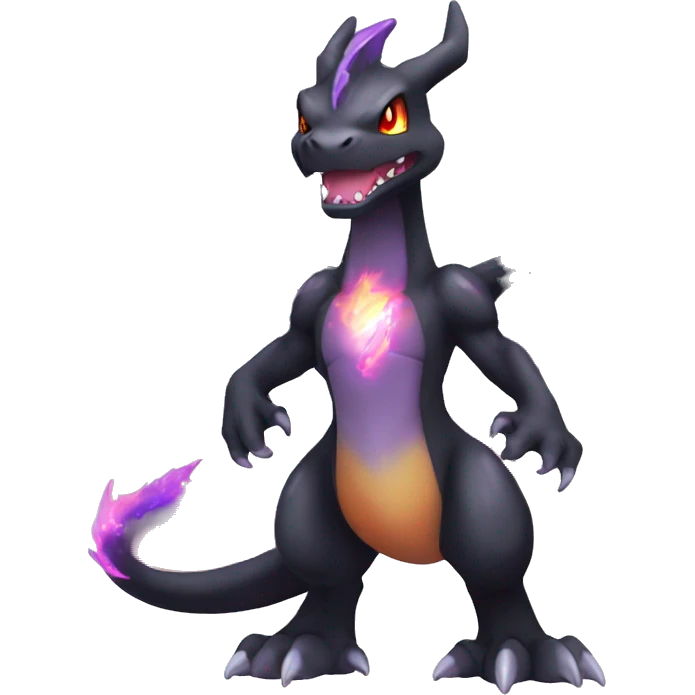 Black shiny sparkly chibi Charizard-Fakémon with purple flame on tail full body emoji