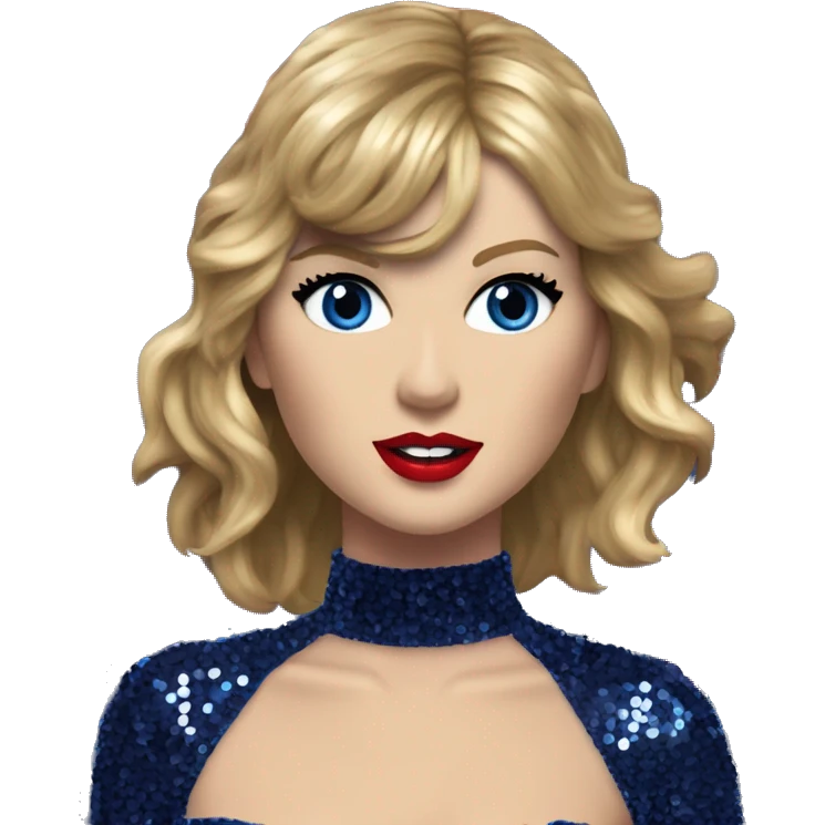 Realistic Taylor swift wearing navy blue glittery sequin bodysuit with tassels and gems and long hair with red lipstick and blue eyes  emoji