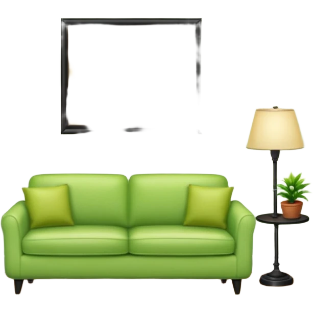 living room in ios emoji style

no TV, and make the couch a light green color

there is a lamp on one side and one plant on the other side. and no picture frame

there is a light colored rug emoji