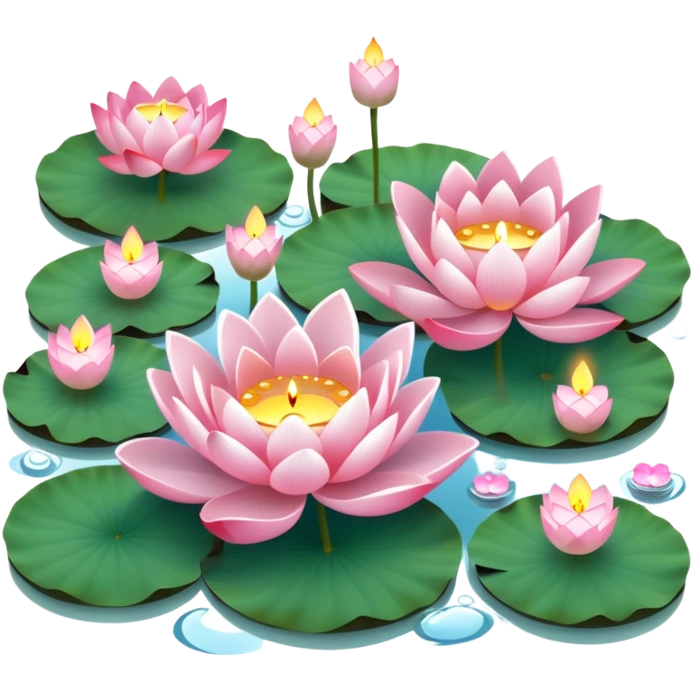 A pond  with lotus flowers and tea lights floating on water emoji