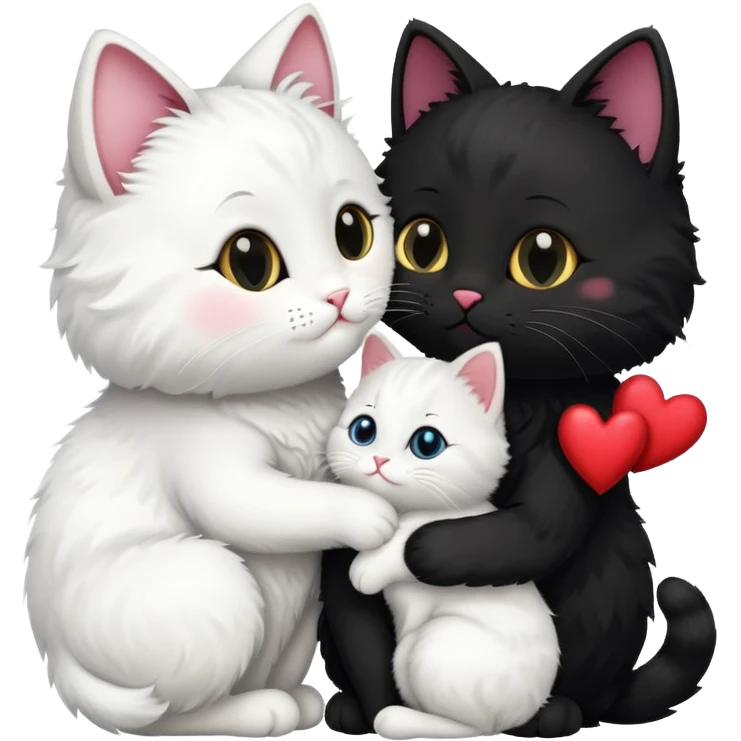 Black cat is bigger and he is kissing a white cat with hearts  emoji