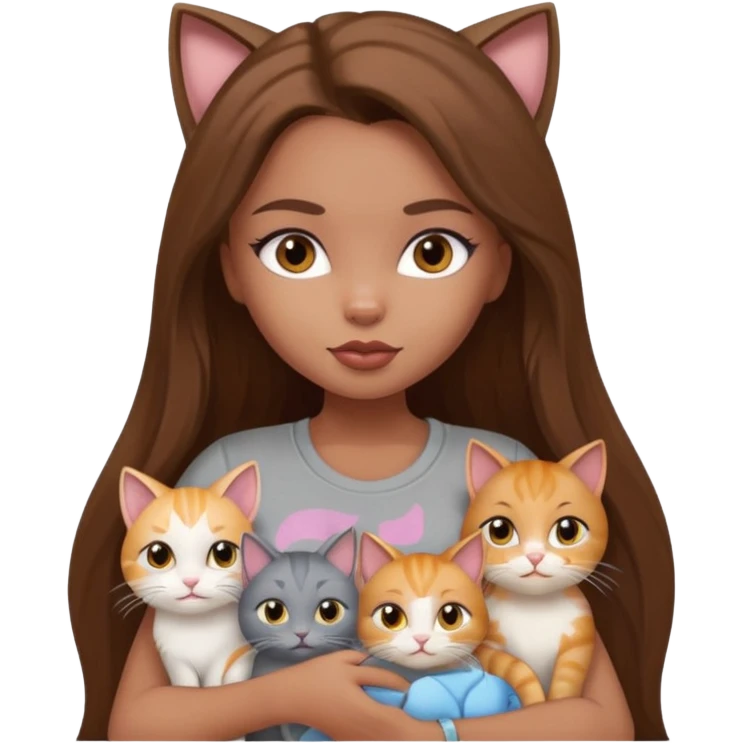 a pretty bratz dusky girl with long brown hair with six cats nd wearing a grey tshirt emoji